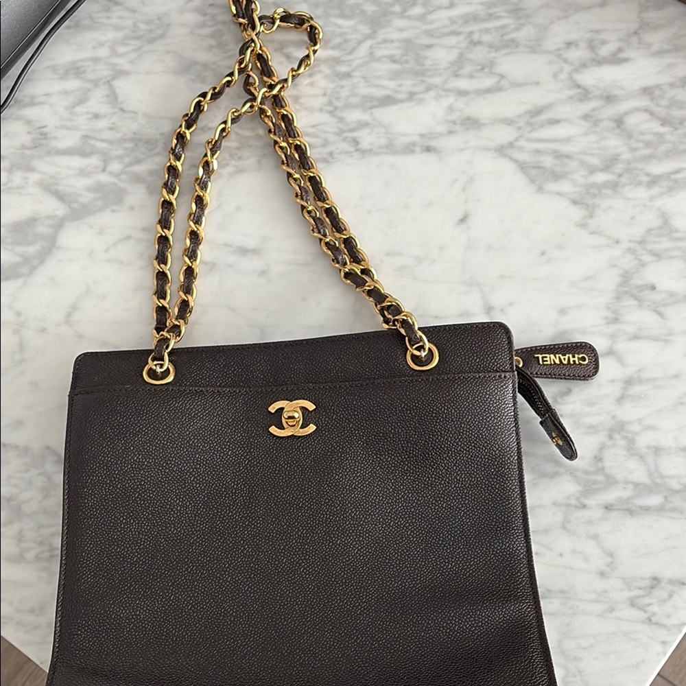 Chanel Black and Gold Caviar Leather Shoulder Bag
